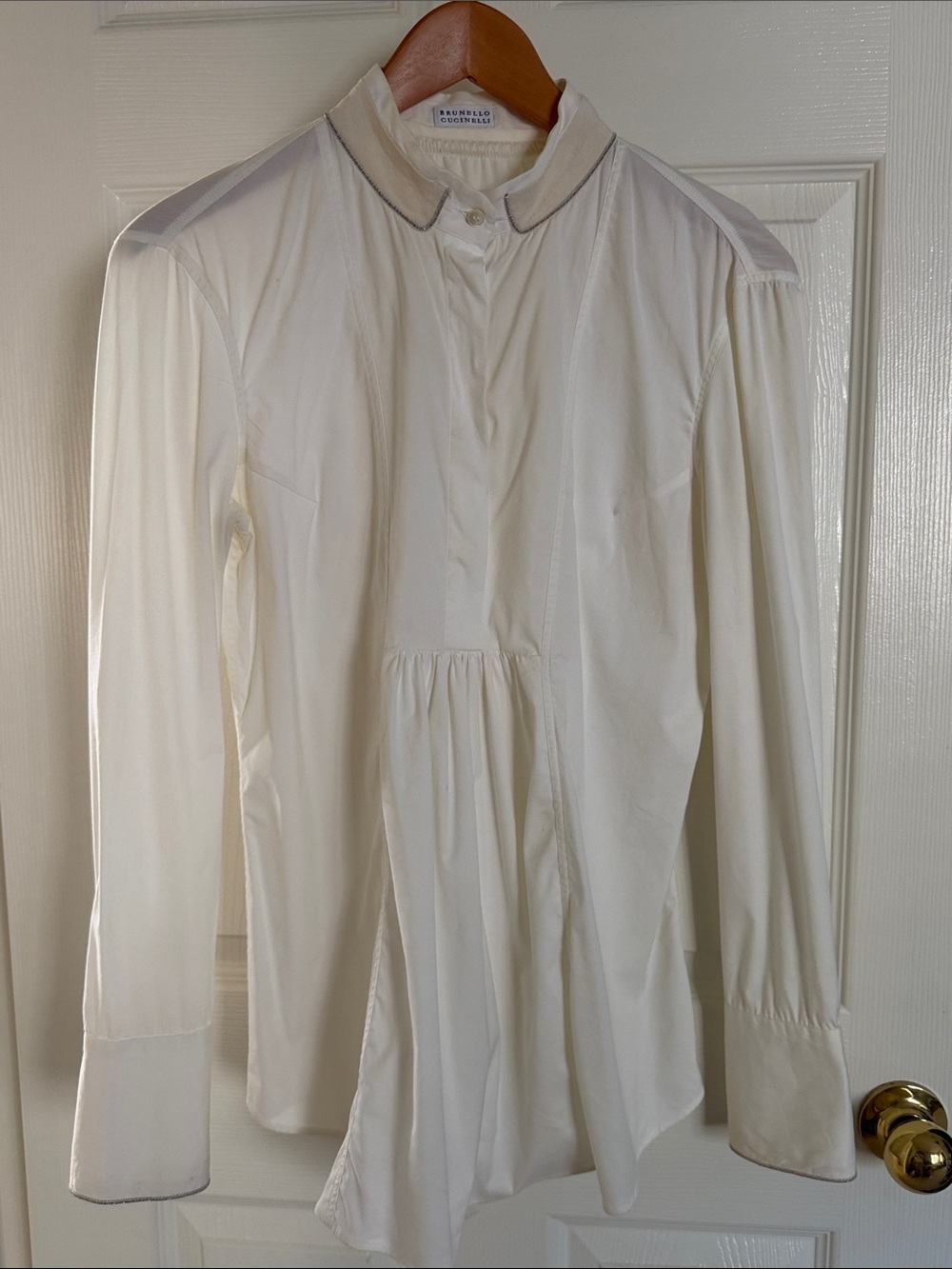 Brunello Cucinelli Ivory Pleated Front Long-Sleeve Shirt